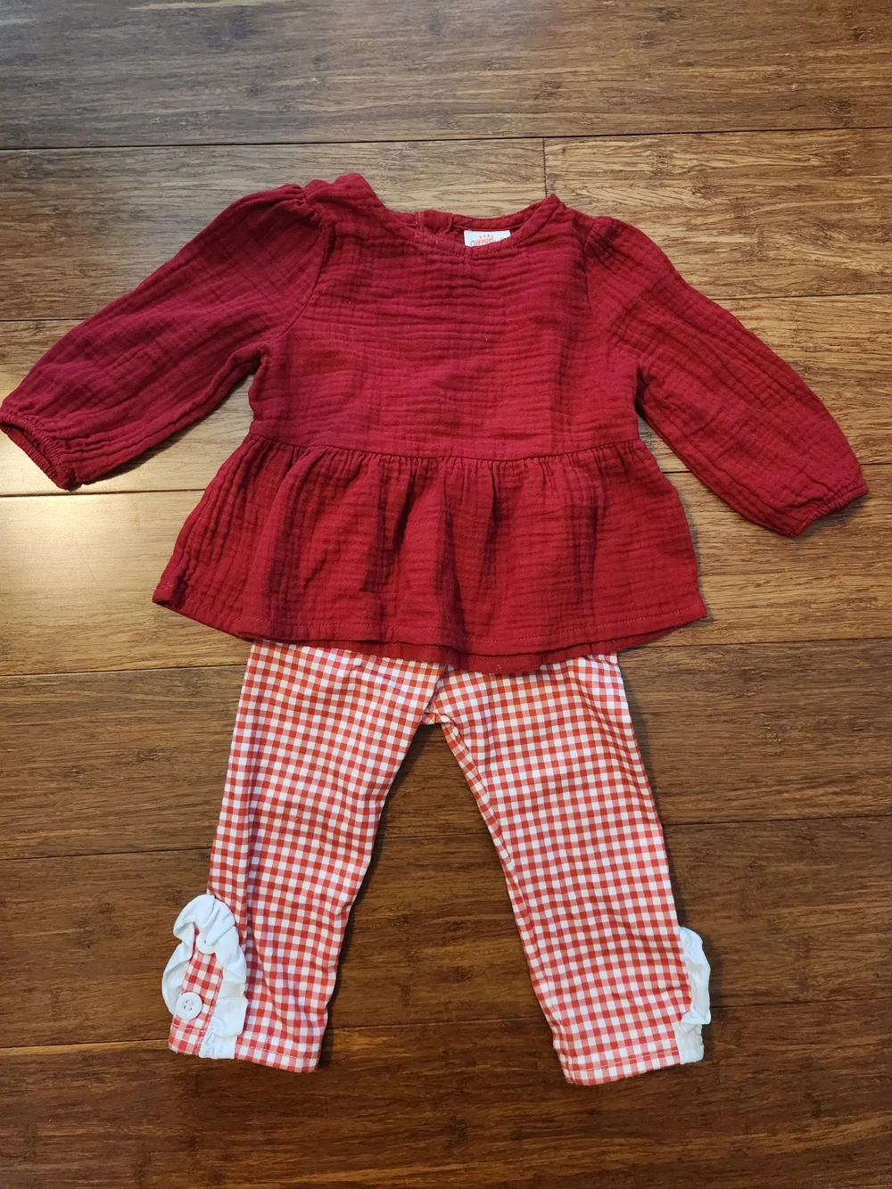 Girl's Red Long Sleeve Peplum Top & Gingham Leggings Pants Set, 6-9 Months